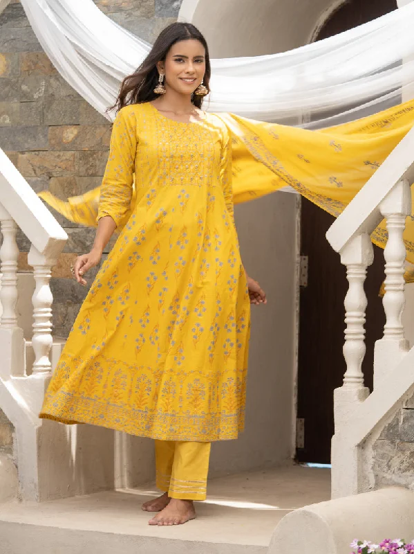 Women's Mustard Cotton Cambric Printed With Sequins Work Anarkali Kurta With Pant & Dupatta - Navyaa