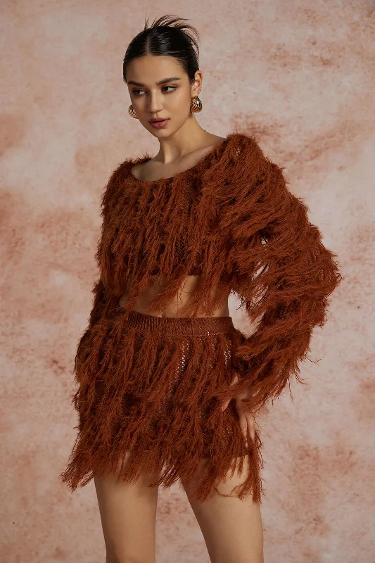 Solid Knit Fringe Long-Sleeve Top And Skirt Set