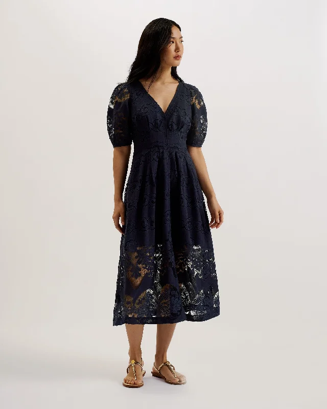 Agnel Lace Puff Sleeve Midi Dress Navy