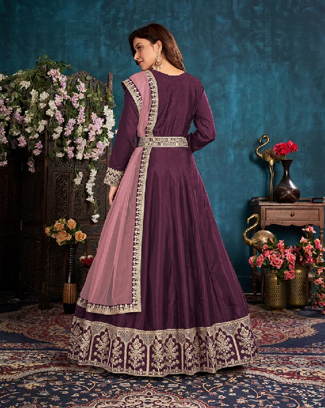 Women's Dark Wine Wedding Floor Length Designer Suit - Monjolika