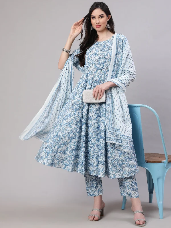 Women's Blue Floral Printed Anarkali Kurta With Trouser And Dupatta - Nayo Clothing