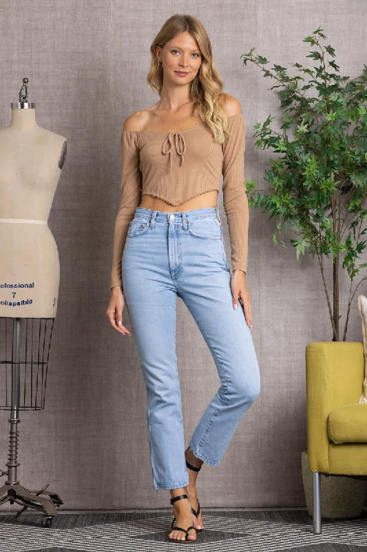 TAUPE SPRUCE  RIBBED LONG SLEEVES V-CUT HEMLINE  CROP TOP-L7328