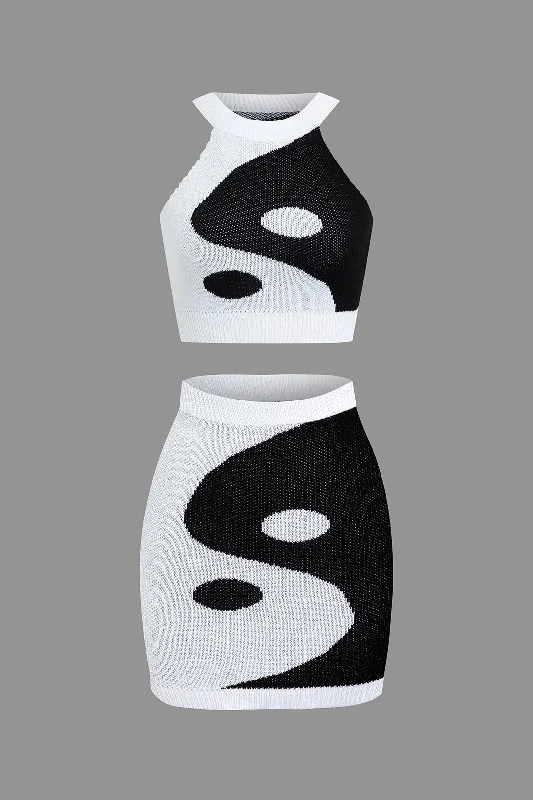 Tai Chi Print Contrast Crop Knit Top And Mini Skirt Set