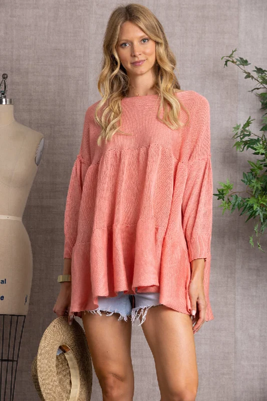 CORAL CABLE KNIT BABYDOLL TUNIC TOP-TI10408