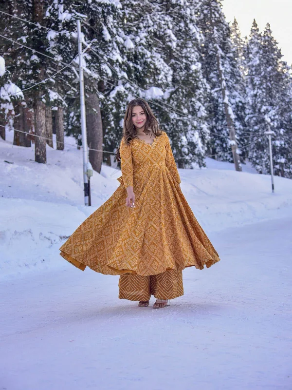 Women's Cotton Silk Yellow Anarkali Palazo Set - Odette