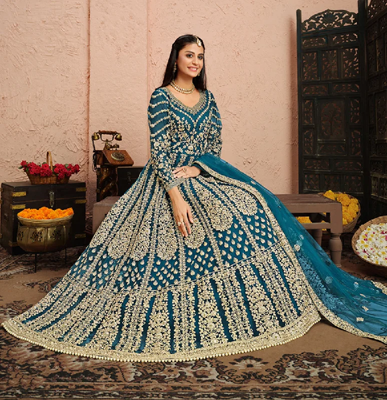 Women's Teal Net Designer Floor Length Anarkali Suit - Monjolika