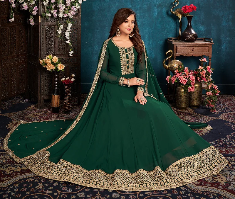 Women's Dark Green color Faux Georgette Embroidered Anarkali Suit - Monjolika