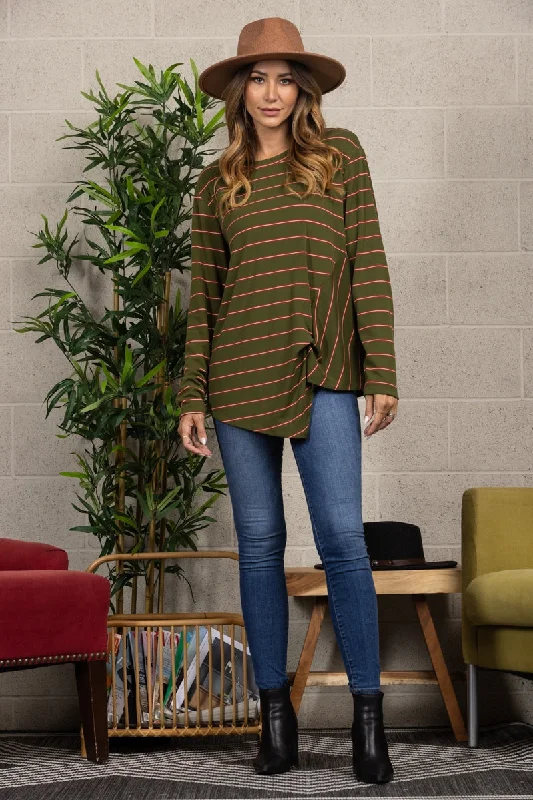 OLIVE STRIPE RELAXED FIT KNOT SEAM TOP TT3047A