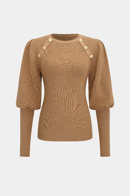 Knit Gold Button Gigot Sleeve Long-Sleeve Top