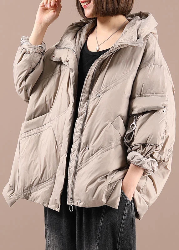 Luxury Khaki Loose Zippered Winter Duck Down Long sleeve Down Coat