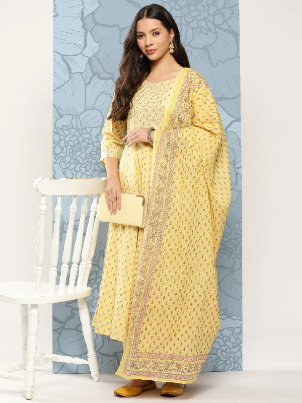 Women's Yellow Printed Anarkali Kurta With Trouser And Dupatta - Nayo Clothing