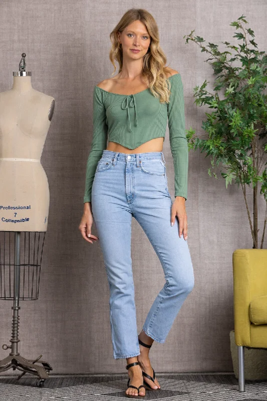 OLIVE SPRUCE  RIBBED LONG SLEEVES V-CUT HEMLINE  CROP TOP-L7328