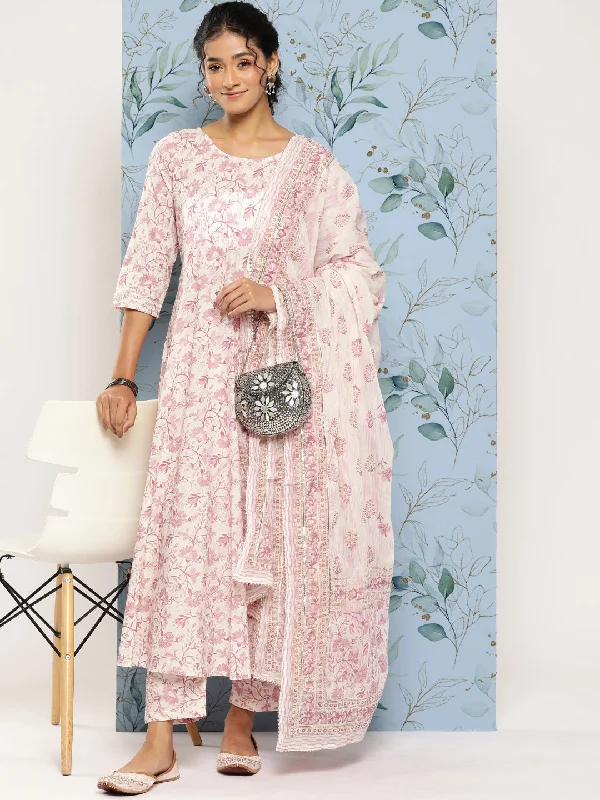 Women's Off- White & Pink Printed Anarkali Kurta With Trouser and Dupatta - Nayo Clothing