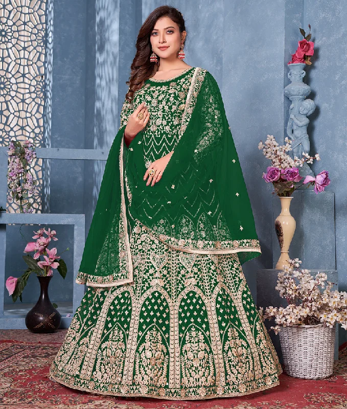 Women's Green Net Designer Floor Length Anarkali Suit - Monjolika