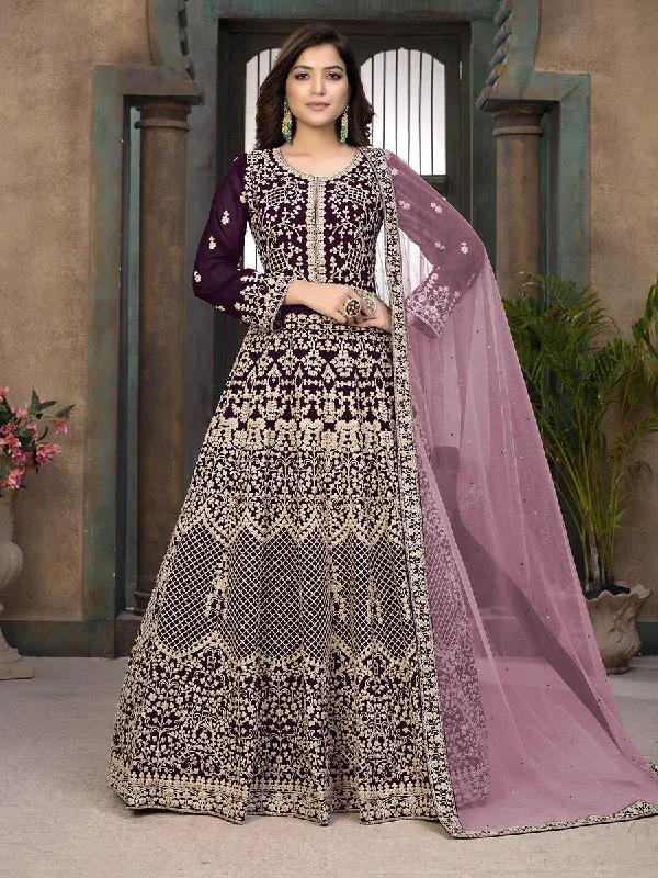 Women's Wine Georgette Wedding Anarkali Suit-Myracouture