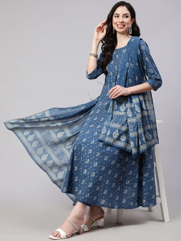 Women's Blue Floral Printed Anarkali Kurta With Trouser And Dupatta - Nayo Clothing