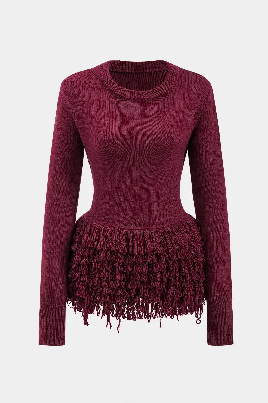 Sweater Fringe Round Neck Long-Sleeve Top