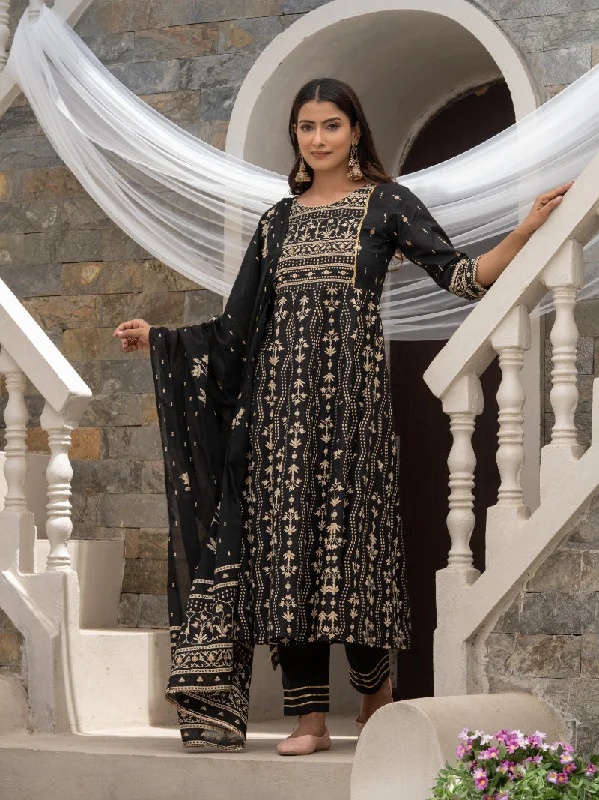 Women's Black Cotton Cambric Printed With Sequins Work Anarkali Kurta With Pant & Dupatta - Navyaa