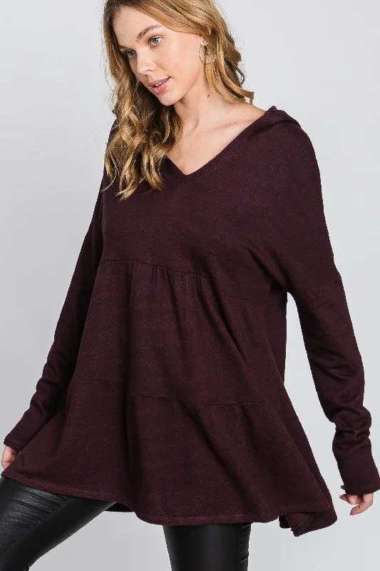 BURGUNDY FRECH TERRY LONG SLEEVES TIERED TUNIC HOODIE TOP SO3321T