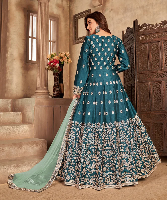 Women's Embroidered Teal Floor Length Designer Suit - Monjolika