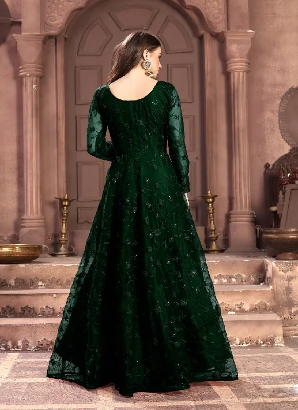 Women's Green Festive Wear Fancy Net Embroidered Salwar Suit - Monjolika