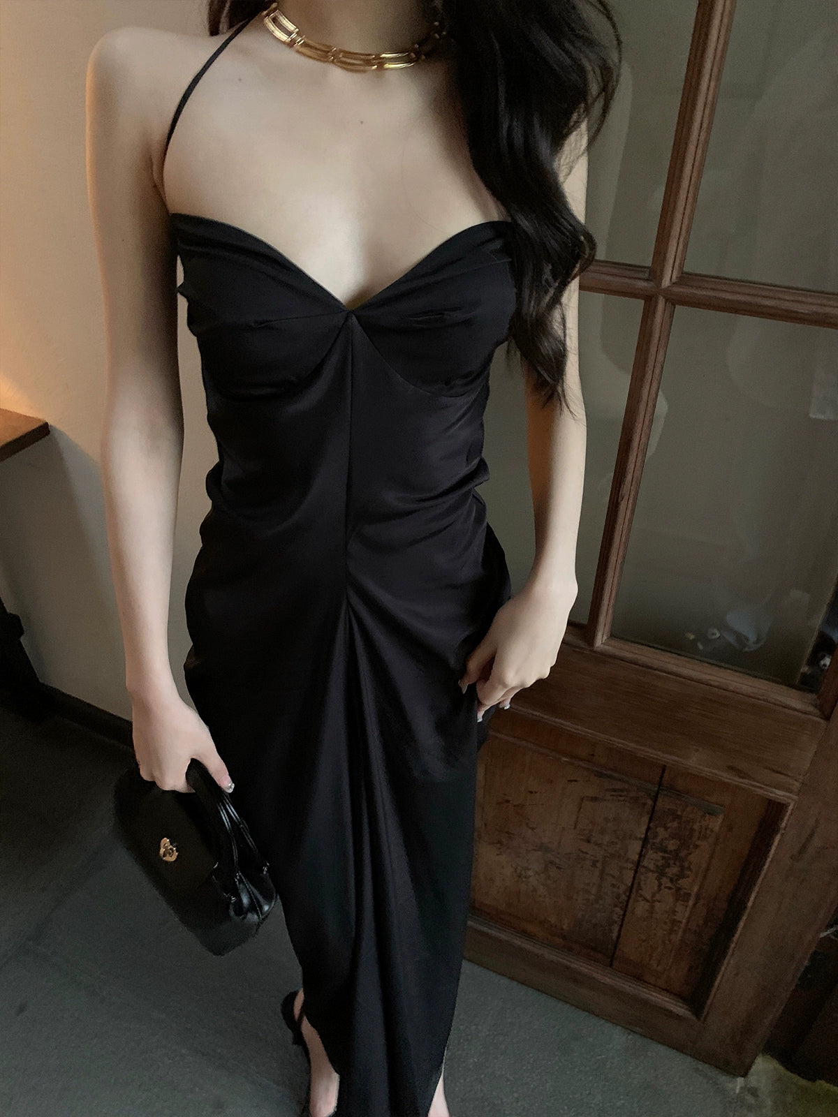 Black French design dress women's sexy long party dress     S5719