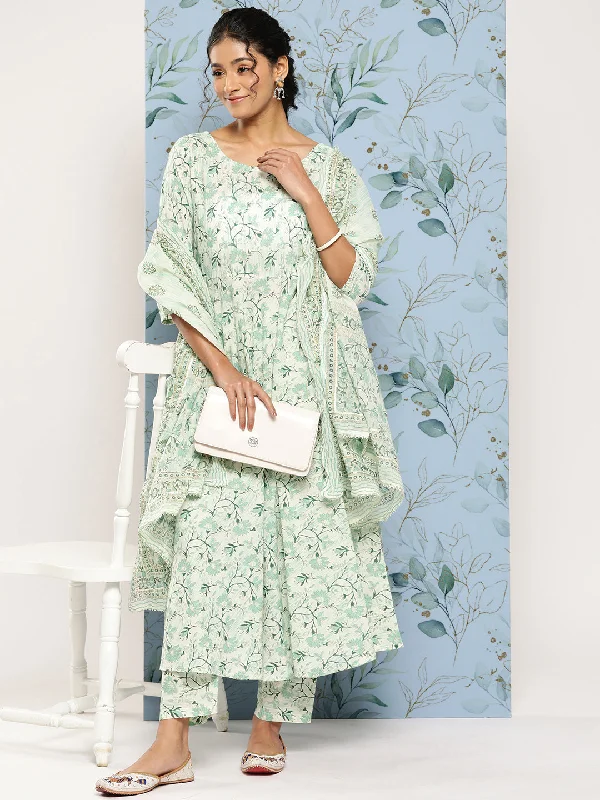 Women's Green Printed Anarkali Kurta With Trouser and Dupatta - Nayo Clothing