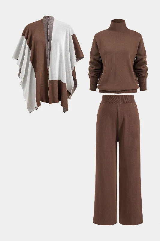 Knit Mock Neck Top And Contrast Top And Pants Set