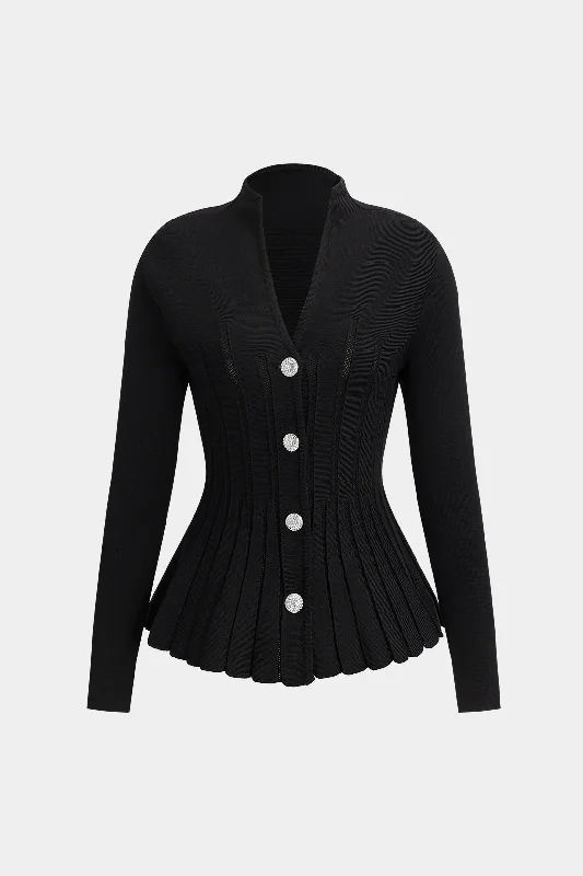 Knit Pleated Crystal Button Long-Sleeve Top