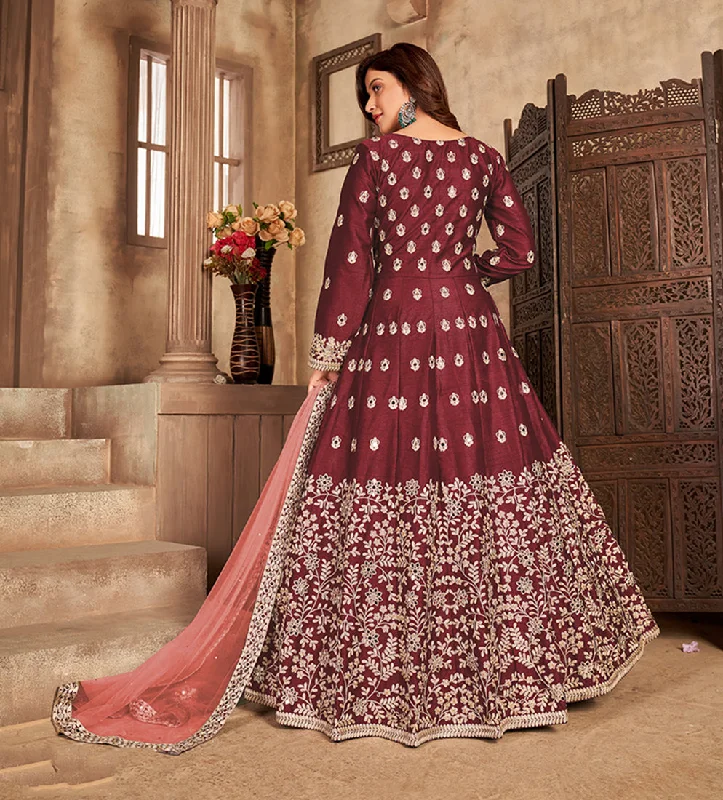 Women's Embroidered Maroon Floor Length Designer Suit - Monjolika