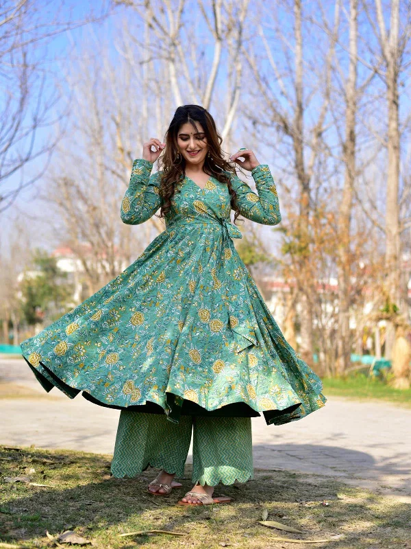 Women's Cotton Silk Green Anarkali Palazo Set - Odette