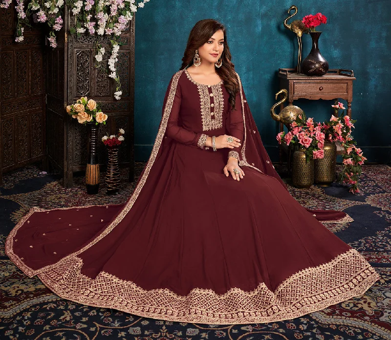 Women's Maroon color Faux Georgette Embroidered Anarkali Suit - Monjolika