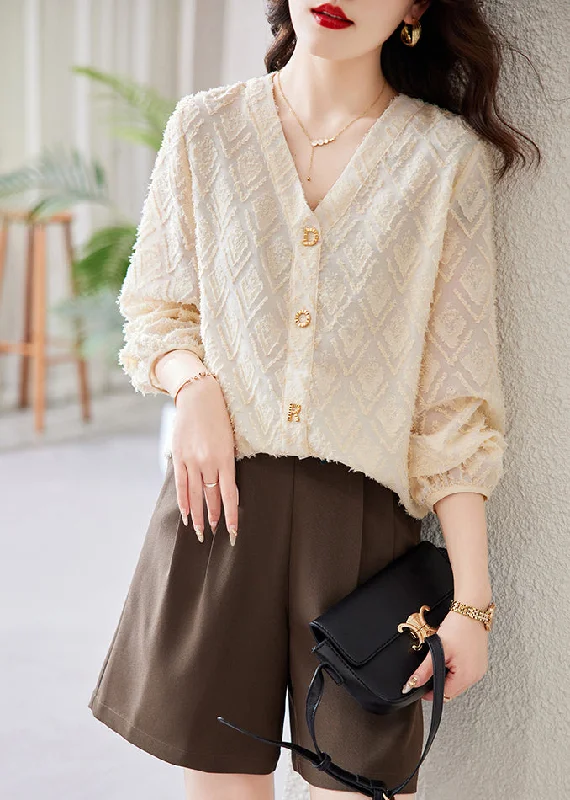 Comfortable Mind Women Beige V Neck Letter Cotton Blouses Spring