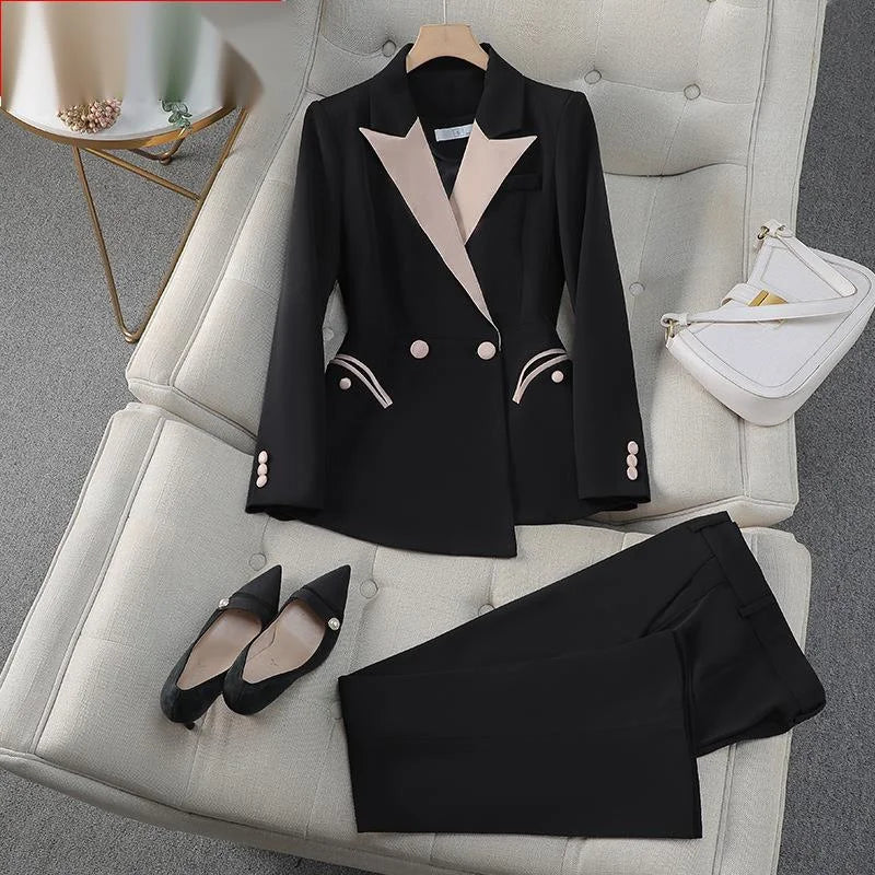 Women's Notched Collar Long Sleeve Double Breasted Blazer Set