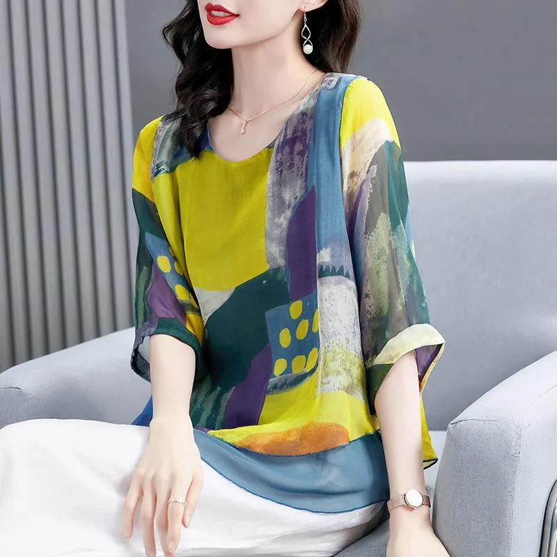 Women's O-Neck Vintage Printed Quarter Sleeves Chiffon Blouse