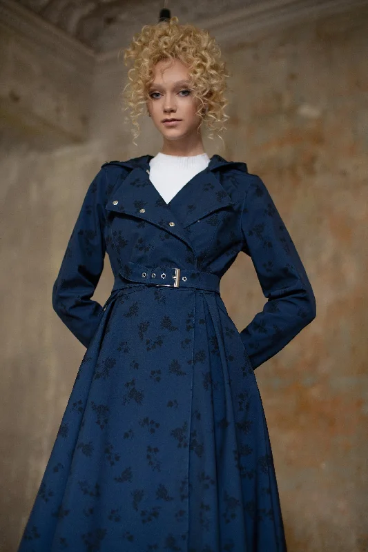 Double Breasted Trench Coat in Dark Blue with Black Floral Print | 'Blue Frost'