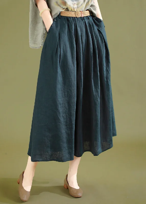 British Style Navy Wrinkled Solid Linen Skirts Elastic Waist Summer