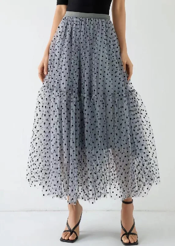 Short Design Chic Grey Dot Wrinkled Patchwork Elastic Waist Tulle Skirt Spring