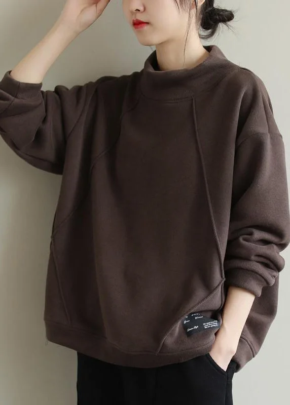 Integrated Design Coffee Patchwork Warm Fleece Pullover Sweatshirt Hign Neck Winter