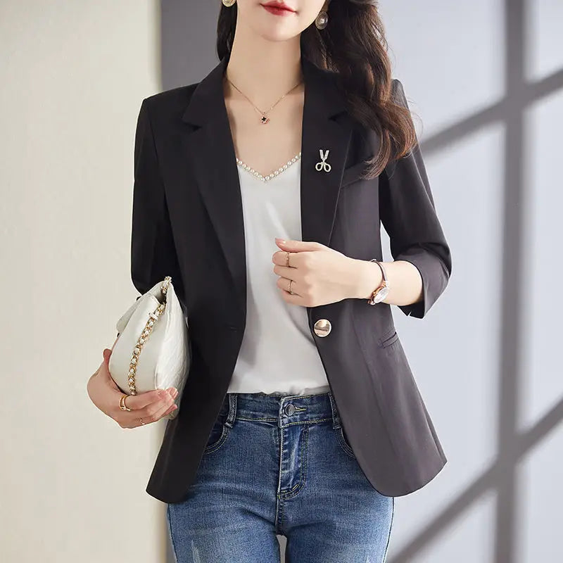 Women's Polyester Notched Collar Long Sleeve Single Button Blazer