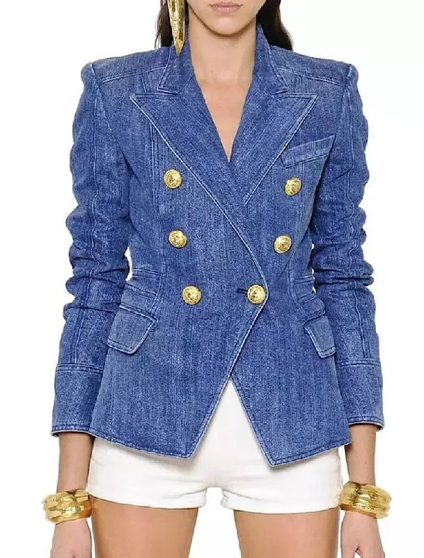 Double Breasted Denim Blazer With Gold Buttons