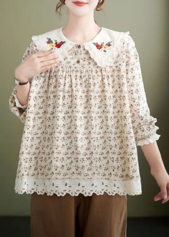 Sports And Leisure New Apricot Peter Pan Collar Print Cotton T Shirt Spring