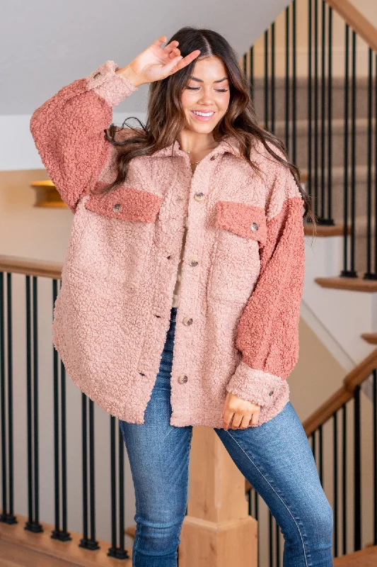 Oversized Color Block Sherpa Jacket - Dusty Pink