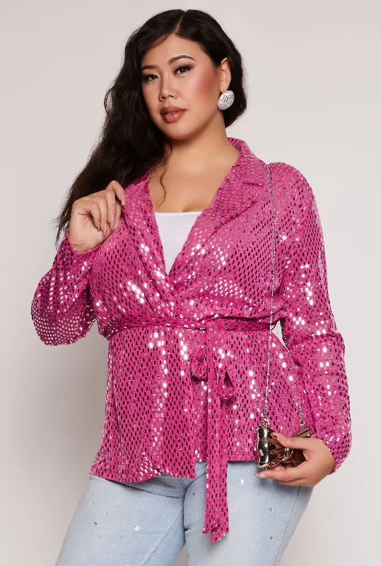 Plus Size Foiled Lurex Tie Front Blazer