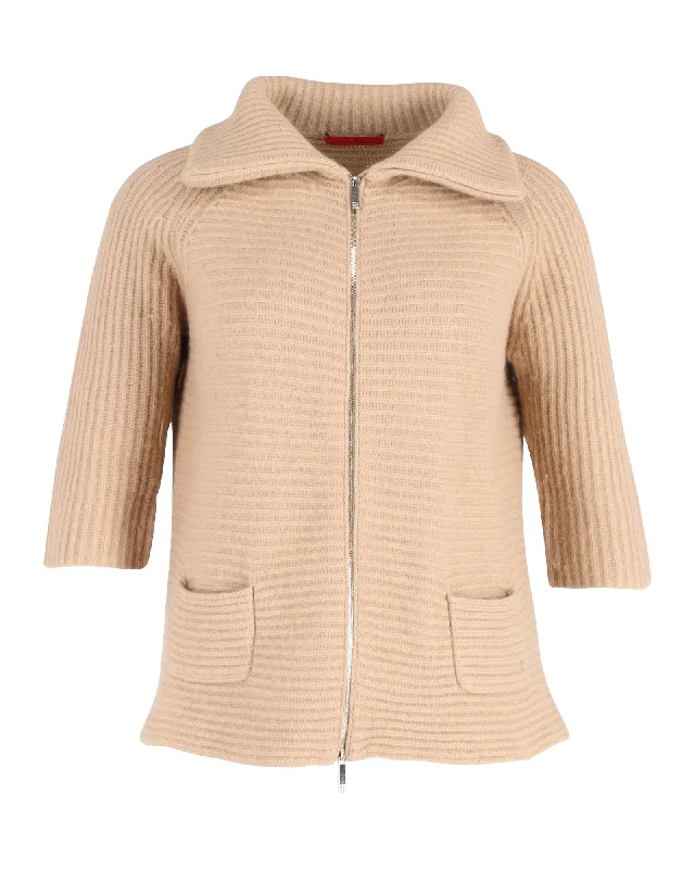 Carolina Herrera Zip Rib Knit Cardigan in Beige Wool