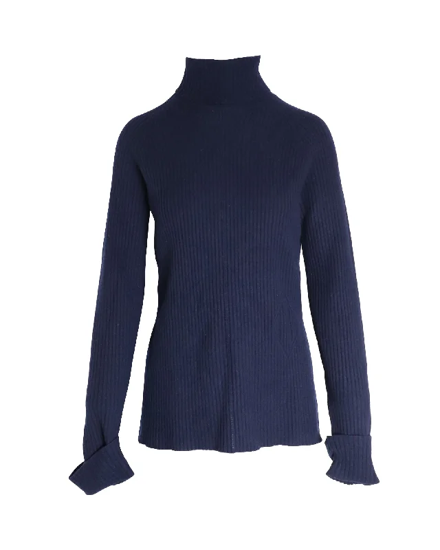 Chloe Turtleneck Ribbed Knit Sweater in Navy Blue Virgin Wool