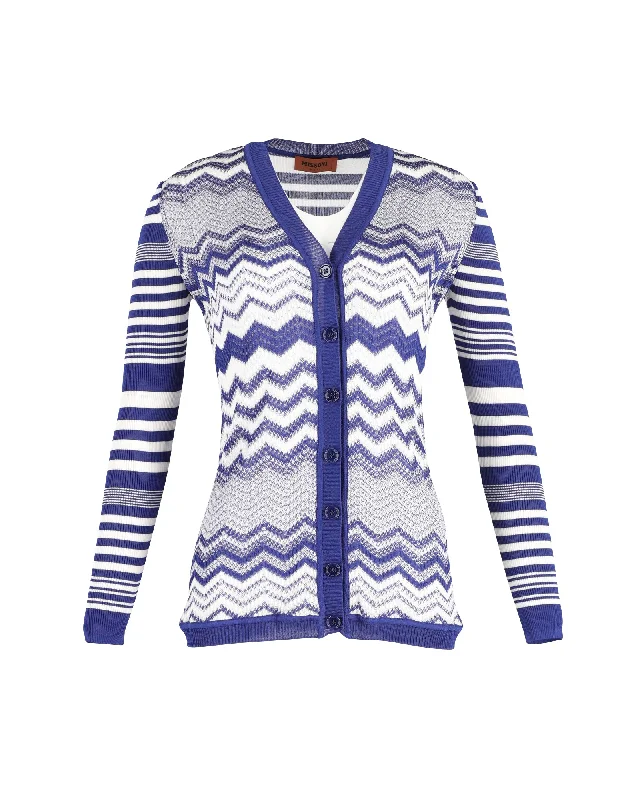 Missoni Striped Crochet-Knit Cardigan In Navy Blue Viscose