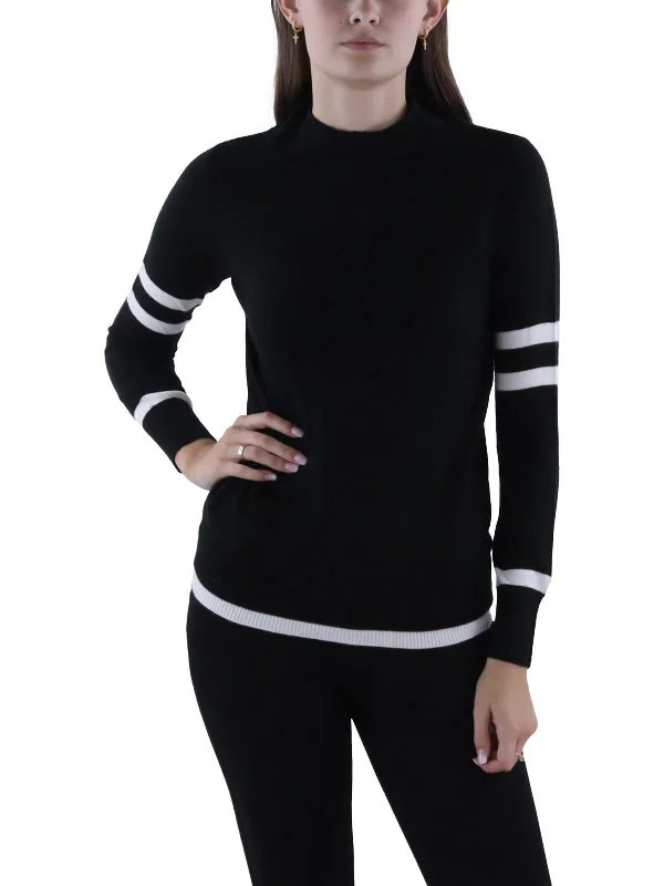 Womens Ribbed Trim Long Sleeve Mock Turtleneck Sweater