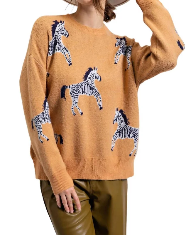 Zebra/animal Pattern Sweater In Camel