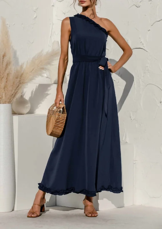 Date Night One Shoulder Maxi Dress In Navy